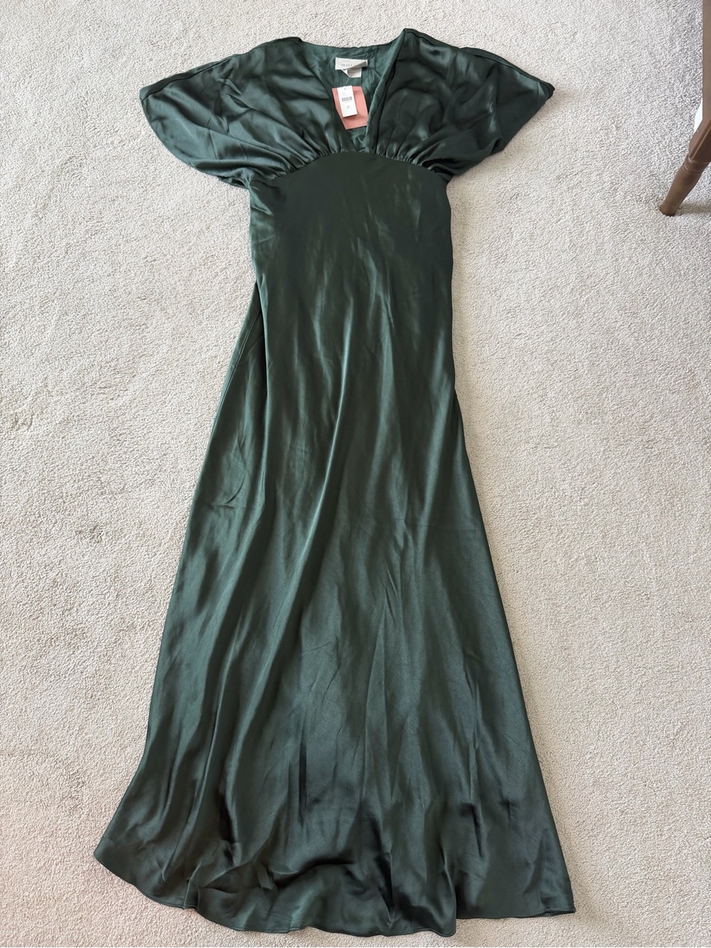 BHLDN Dark Green Satin Maxi Dress with Flutter Sleeves